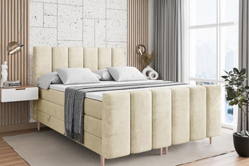 ALTDECOR Boxspringbett mit Holz Füßen, Matratze und Lattenrost, Topper, Fußteil, Polsterbett mit Bettkasten, Bett mit Stauraum H3- und H4- Matratze -BOXI1-FD-Z KING-200x200 - Beige Casablanca von ALTDECOR