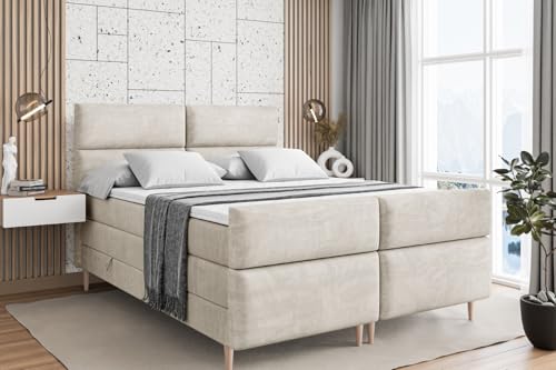 ALTDECOR Boxspringbett mit Holz Füßen, Matratze und Lattenrost, Topper, Fußteil, Polsterbett mit Bettkasten, Bett mit Stauraum H3- und H4- Matratze -BOXI3-FD-Z KING-200x200 - Beige Monolith von ALTDECOR
