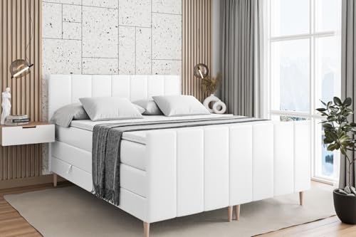 ALTDECOR Boxspringbett mit Holz Füßen, Matratze und Lattenrost, Topper, Fußteil, Polsterbett mit Bettkasten, Bett mit Stauraum H3- und H4- Matratze -MOETI-FD-Z KING-160x200 - Weiß Kunstleder von ALTDECOR