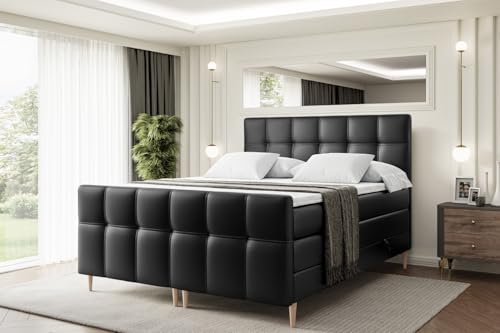 ALTDECOR Boxspringbett mit Holz Füßen, Matratze und Lattenrost, Topper, Fußteil, Polsterbett mit Bettkasten, Bett mit Stauraum H3- und H4- Matratze -Marce-FD-Z KING-120x200 - Schwarz Kunstleder von ALTDECOR
