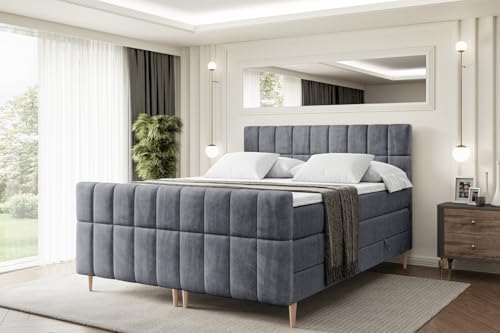 ALTDECOR Boxspringbett mit Holz Füßen, Matratze und Lattenrost, Topper, Fußteil, Polsterbett mit Bettkasten, Bett mit Stauraum H3- und H4- Matratze -Miami-FD-Z KING-200x200 - Dunkelgrau Casablanca von ALTDECOR