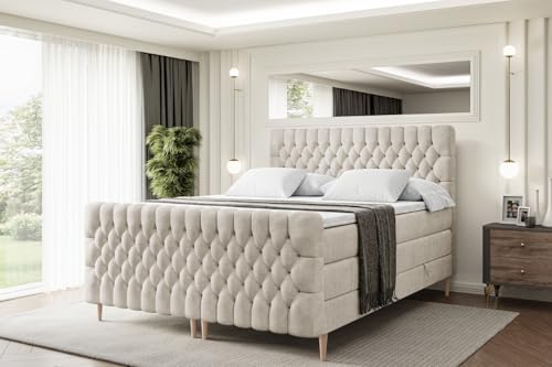 ALTDECOR Boxspringbett mit Holz Füßen, Matratze und Lattenrost, Topper, Fußteil, Polsterbett mit Bettkasten, Bett mit Stauraum H3- und H4- Matratze -Serene-FD-Z KING-160x200 - Beige Monolith von ALTDECOR