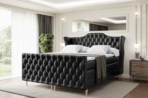ALTDECOR Boxspringbett mit Holz Füßen, Matratze und Lattenrost, Topper, Fußteil, Polsterbett mit Bettkasten, Bett mit Stauraum H3- und H4- Matratze -Vila-FD-Z KING-120x200 - Schwarz Kunstleder von ALTDECOR