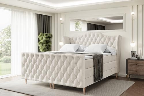 ALTDECOR Boxspringbett mit Holz Füßen, Matratze und Lattenrost, Topper, Fußteil, Polsterbett mit Bettkasten, Bett mit Stauraum H3- und H4- Matratze -Vila-FD-Z KING-200x200 - Beige Monolith von ALTDECOR