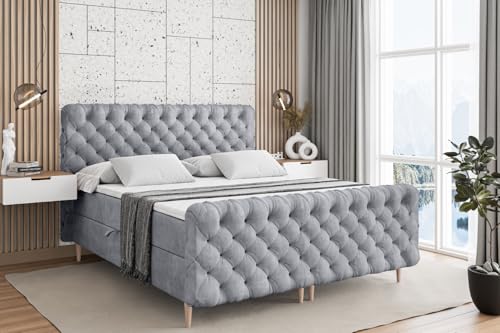 ALTDECOR Boxspringbett mit Holz Füßen, Matratze und Lattenrost, Topper, Fußteil, Polsterbett mit Bettkasten, Bett mit Stauraum H4-Matratze, Doppelbett - BOXI8-FD-Z - 160x200 - Grau Monolith von ALTDECOR