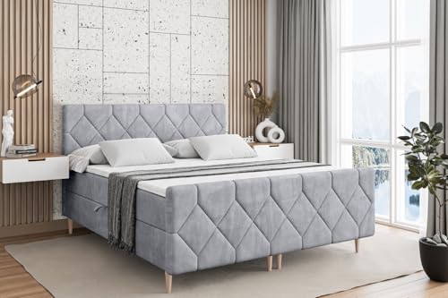ALTDECOR Boxspringbett mit Holz Füßen, Matratze und Lattenrost, Topper, Fußteil, Polsterbett mit Bettkasten, Bett mit Stauraum H4-Matratze, Doppelbett - CATOR-FD-Z - 140x200 - Grau Monolith von ALTDECOR