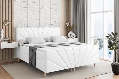 ALTDECOR Boxspringbett mit Holz Füßen, Matratze und Lattenrost, Topper, Fußteil, Polsterbett mit Bettkasten, Bett mit Stauraum H4-Matratze, Doppelbett - MILTIO-FD-Z - 180x200 - Weiß Kunstleder von ALTDECOR
