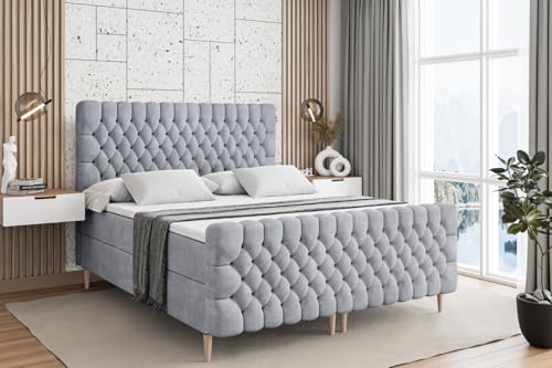 ALTDECOR Boxspringbett mit Holz Füßen, Matratze und Lattenrost, Topper, Fußteil, Polsterbett mit Bettkasten, Bett mit Stauraum H4-Matratze, Doppelbett - Serene-FD-Z - 120x200 - Grau Monolith von ALTDECOR