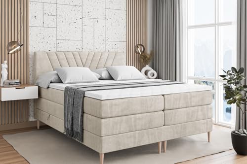 ALTDECOR Boxspringbett mit Holz Füßen, Matratze und Lattenrost, Topper, Polsterbett mit Bettkasten, Bett mit Stauraum H3- und H4- Matratze, Doppelbett -ERNINA-FD KING-140x200 - Beige Monolith von ALTDECOR
