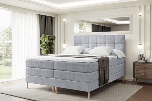 ALTDECOR Boxspringbett mit Holz Füßen, Matratze und Lattenrost, Topper, Polsterbett mit Bettkasten, Bett mit Stauraum H3- und H4- Matratze, Doppelbett -Marce-FD KING-140x200 - Grau Monolith von ALTDECOR