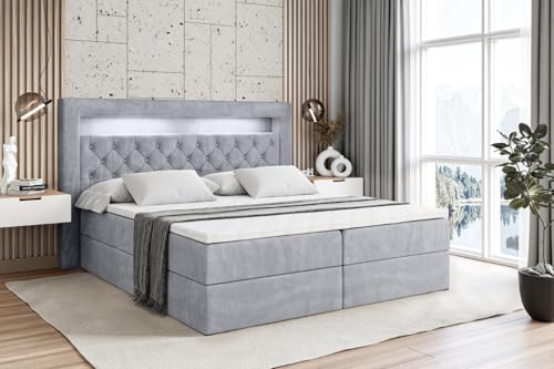 ALTDECOR Boxspringbett mit LED, H3-Matratze (19 cm hoch) mit Bonellfederung, + PUR, Topper (4 cm hoch), Polsterbett mit Kopfteil und Bettkasten - Noel Gold - 180x200 - Grau Monolith von ALTDECOR