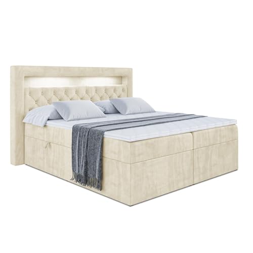 ALTDECOR Boxspringbett mit LED, Multipocket-Matratze H4 (20 cm hoch) mit + PUR + Kokosmatte, Topper (4 cm hoch), Polsterbett mit Kopfteil und Bettkasten-Noel GOLD-160x200 - Beige Monolith 04 von ALTDECOR