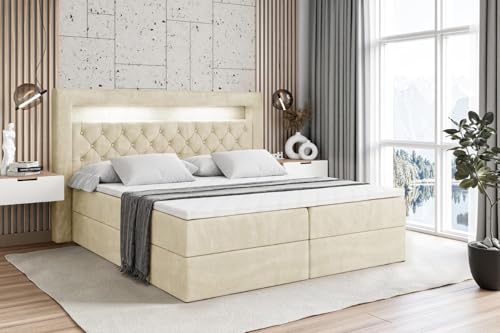 ALTDECOR Boxspringbett mit Matratze und Lattenrost, LED Boxbett, Topper, Polsterbett mit Bettkasten, Bett mit Stauraum H4-Matratze, Doppelbett, Springboxbett - Noel Gold - 180x200 - Beige Monolith von ALTDECOR