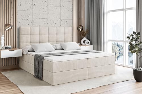 ALTDECOR Boxspringbett mit Matratze und Lattenrost, Boxbett, Topper, Polsterbett mit Bettkasten, Bett mit Stauraum H3-Matratze, Doppelbett, Springboxbett - APO - 180x200 Beige Samt von ALTDECOR