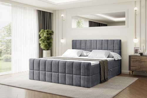 ALTDECOR Boxspringbett mit Matratze und Lattenrost, Boxbett, Topper, Fußteil, Polsterbett mit Bettkasten, Bett mit Stauraum H4-Matratze, Springboxbett - Miami-Z - 180x200 - Dunkelgrau Samt von ALTDECOR