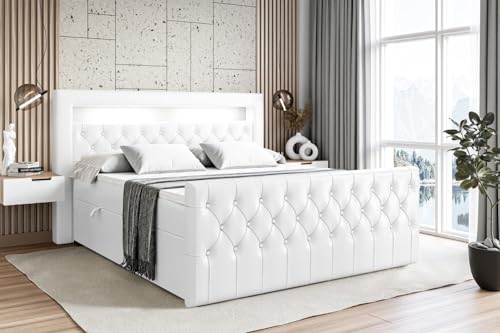 ALTDECOR Boxspringbett mit Matratze und Lattenrost, LED Boxbett, Topper, Fußteil, Polsterbett mit Bettkasten, Bett mit Stauraum H4-Matratze, Doppelbett - Aurora - 160x200 Weiß Kunstleder ALTDECOR Boxspringbett mit Matratze und Lattenrost, LED Boxbett, Topper, Fußteil, Polsterbett mit Bettkasten, Bett mit Stauraum H4-Matratze, Doppelbett - Aurora - 160x200 Weiß Kunstleder von ALTDECOR