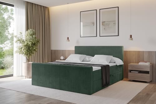 ALTDECOR Boxspringbett mit Matratze und Lattenrost, Topper, Fußteil,Polsterbett mit Bettkasten, Bett mit Stauraum H3-Matratze, Doppelbett, Boxbett - TOLO-Z 120x200 Cord - Dunkelgrün von ALTDECOR