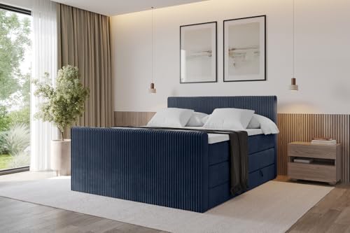 ALTDECOR Boxspringbett mit Matratze und Lattenrost, Topper, Fußteil,Polsterbett mit Bettkasten, Bett mit Stauraum H3- und H4- Matratze, Doppelbett, Springboxbett - TOLO-Z KING 140x200 Cord -Dunkelblau von ALTDECOR