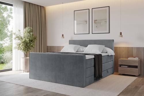 ALTDECOR Boxspringbett mit Matratze und Lattenrost, Topper, Fußteil,Polsterbett mit Bettkasten, Bett mit Stauraum H3- und H4- Matratze, Doppelbett, Springboxbett - TOLO-Z KING 200x200 Cord -Dunkelgrau von ALTDECOR