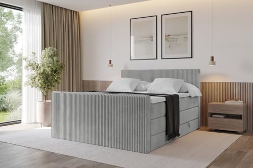 ALTDECOR Boxspringbett mit Matratze und Lattenrost, Topper, Fußteil,Polsterbett mit Bettkasten, Bett mit Stauraum H3- und H4- Matratze, Doppelbett, Springboxbett - TOLO-Z King 140x200 Cord - Hellgrau von ALTDECOR
