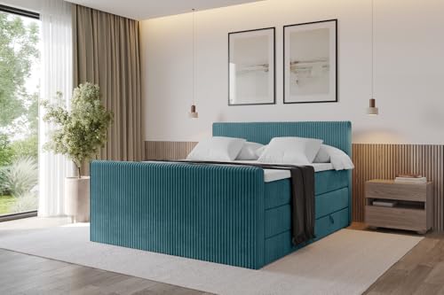 ALTDECOR Boxspringbett mit Matratze und Lattenrost, Topper, Fußteil,Polsterbett mit Bettkasten, Bett mit Stauraum H3- und H4- Matratze, Doppelbett, Springboxbett - TOLO-Z King 180x200 Cord - Blau von ALTDECOR