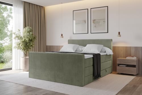 ALTDECOR Boxspringbett mit Matratze und Lattenrost, Topper, Fußteil,Polsterbett mit Bettkasten, Bett mit Stauraum H3- und H4- Matratze, Doppelbett, Springboxbett - TOLO-Z King 200x200 Cord - Olive von ALTDECOR