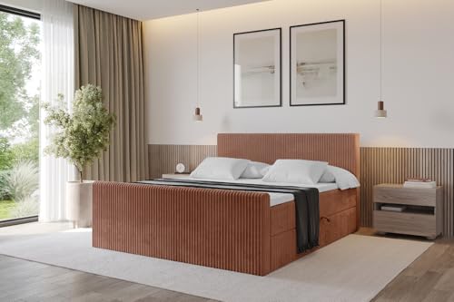 ALTDECOR Boxspringbett mit Matratze und Lattenrost, Topper, Fußteil,Polsterbett mit Bettkasten, Bett mit Stauraum H4-Matratze, Doppelbett, Boxbett - TOLO-Z 120x200 Cord - Ziegelrot von ALTDECOR