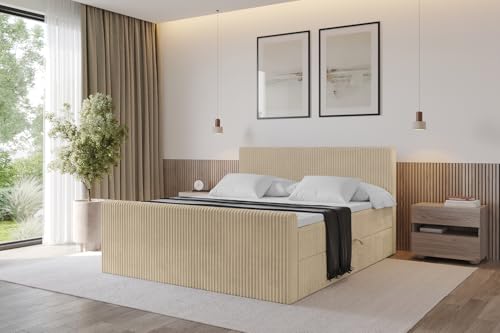ALTDECOR Boxspringbett mit Matratze und Lattenrost, Topper, Fußteil,Polsterbett mit Bettkasten, Bett mit Stauraum H4-Matratze, Doppelbett, Boxbett - TOLO-Z 140x200 Cord - Beige von ALTDECOR