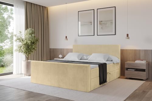 ALTDECOR Boxspringbett mit Matratze und Lattenrost, Topper, Fußteil,Polsterbett mit Bettkasten, Bett mit Stauraum H4-Matratze, Doppelbett, Boxbett - TOLO-Z 140x200 Cord - Ecru von ALTDECOR