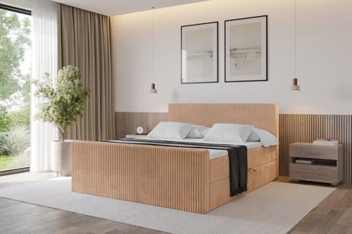 ALTDECOR Boxspringbett mit Matratze und Lattenrost, Topper, Fußteil,Polsterbett mit Bettkasten, Bett mit Stauraum H4-Matratze, Doppelbett, Boxbett - TOLO-Z 140x200 Cord - Rotbraun von ALTDECOR