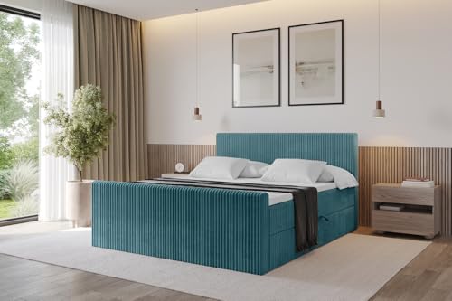 ALTDECOR Boxspringbett mit Matratze und Lattenrost, Topper, Fußteil,Polsterbett mit Bettkasten, Bett mit Stauraum H4-Matratze, Doppelbett, Boxbett - TOLO-Z 160x200 Cord - Blau von ALTDECOR