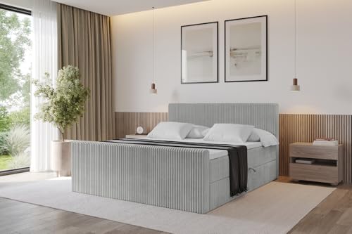ALTDECOR Boxspringbett mit Matratze und Lattenrost, Topper, Fußteil,Polsterbett mit Bettkasten, Bett mit Stauraum H4-Matratze, Doppelbett, Boxbett - TOLO-Z 160x200 Cord - Hellgrau von ALTDECOR