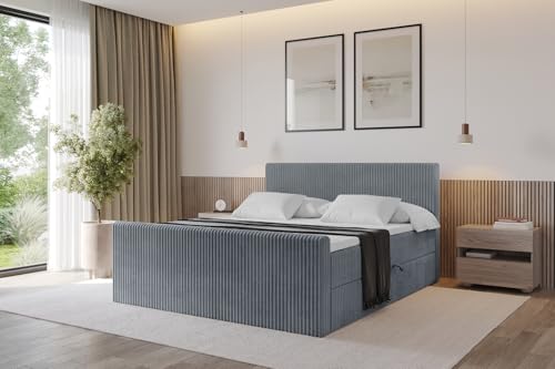 ALTDECOR Boxspringbett mit Matratze und Lattenrost, Topper, Fußteil,Polsterbett mit Bettkasten, Bett mit Stauraum H4-Matratze, Doppelbett, Boxbett - TOLO-Z 200x200 Cord - Grau von ALTDECOR