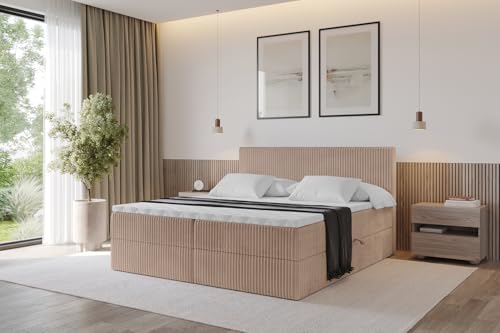 ALTDECOR Boxspringbett mit Matratze und Lattenrost, Topper, Polsterbett mit Bettkasten, Bett mit Stauraum H3-Matratze, Doppelbett, Boxbett -TOLO 160x200 Cord - Beige von ALTDECOR