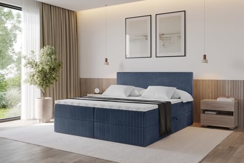 ALTDECOR Boxspringbett mit Matratze und Lattenrost, Topper, Polsterbett mit Bettkasten, Bett mit Stauraum H3-Matratze, Doppelbett, Boxbett -TOLO 180x200 Cord - Dunkelblau von ALTDECOR