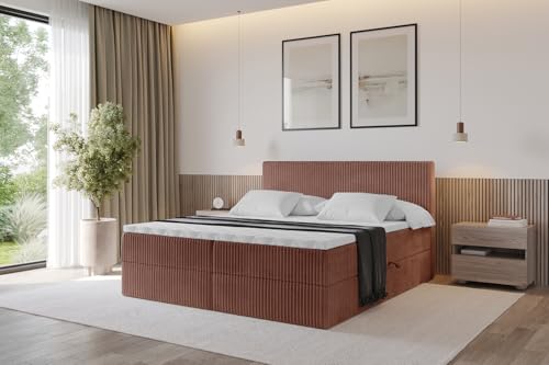 ALTDECOR Boxspringbett mit Matratze und Lattenrost, Topper, Polsterbett mit Bettkasten, Bett mit Stauraum H3-Matratze, Doppelbett, Boxbett -TOLO 180x200 Cord - Ziegelrot von ALTDECOR