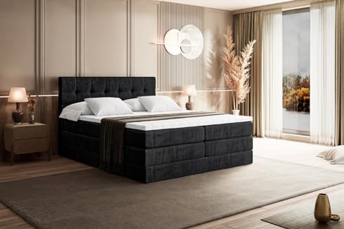 ALTDECOR Boxspringbett mit Matratze und Lattenrost, Topper, Polsterbett mit Bettkasten, Bett mit Stauraum H3- und H4- Matratze, Doppelbett, Springboxbett BERO King 200x200 - Schwarz Samt von ALTDECOR