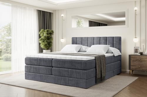 ALTDECOR Boxspringbett mit Matratze und Lattenrost, Topper, Polsterbett mit Bettkasten, Bett mit Stauraum H3- und H4- Matratze, Doppelbett, Springboxbett - OTTA King - 160x200 - Dunkelgrau Samt von ALTDECOR
