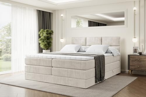 ALTDECOR Boxspringbett mit Matratze und Lattenrost, Topper, Polsterbett mit Bettkasten, Bett mit Stauraum H3- und H4- Matratze, Doppelbett, Springboxbett - Ohio King - 160x200 - Beige Samt von ALTDECOR