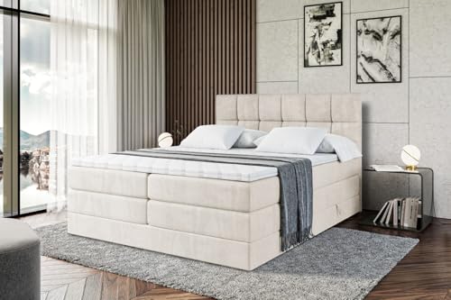 ALTDECOR Boxspringbett mit Matratze und Lattenrost, Topper, Polsterbett mit Bettkasten, Bett mit Stauraum H3- und H4- Matratze, Doppelbett, Springboxbett RICAR King 200x200 - Beige Samt von ALTDECOR