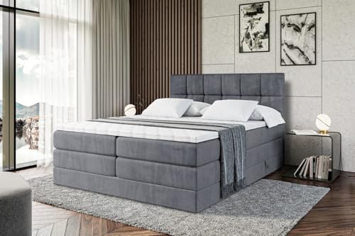 ALTDECOR Boxspringbett mit Matratze und Lattenrost, Topper, Polsterbett mit Bettkasten, Bett mit Stauraum H3- und H4- Matratze, Doppelbett, Springboxbett RICAR King 200x200 - Dunkelgrau Samt von ALTDECOR