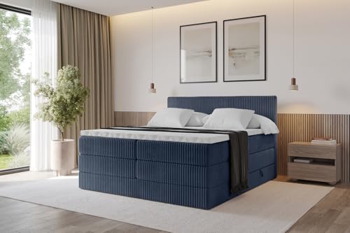 ALTDECOR Boxspringbett mit Matratze und Lattenrost, Topper, Polsterbett mit Bettkasten, Bett mit Stauraum H3- und H4- Matratze, Doppelbett, Springboxbett - TOLO King 140x200 Cord - Dunkelblau von ALTDECOR
