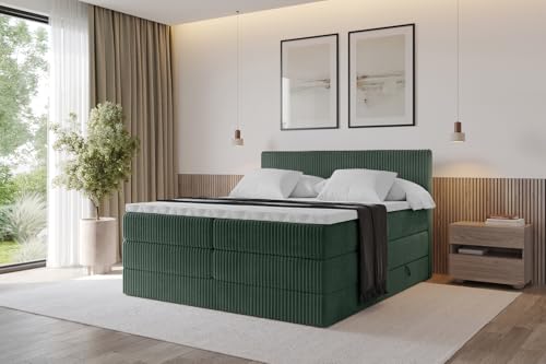 ALTDECOR Boxspringbett mit Matratze und Lattenrost, Topper, Polsterbett mit Bettkasten, Bett mit Stauraum H3- und H4- Matratze, Doppelbett, Springboxbett - TOLO King 160x200 Cord - Dunkelgrün von ALTDECOR