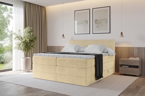 ALTDECOR Boxspringbett mit Matratze und Lattenrost, Topper, Polsterbett mit Bettkasten, Bett mit Stauraum H3- und H4- Matratze, Doppelbett, Springboxbett - TOLO King 180x200 Cord - Ecru von ALTDECOR