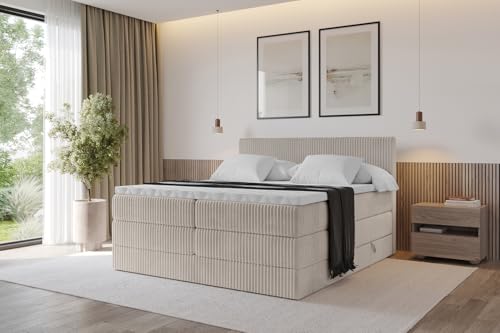 ALTDECOR Boxspringbett mit Matratze und Lattenrost, Topper, Polsterbett mit Bettkasten, Bett mit Stauraum H3- und H4- Matratze, Doppelbett, Springboxbett - TOLO King 200x200 Cord - Aschgrau von ALTDECOR
