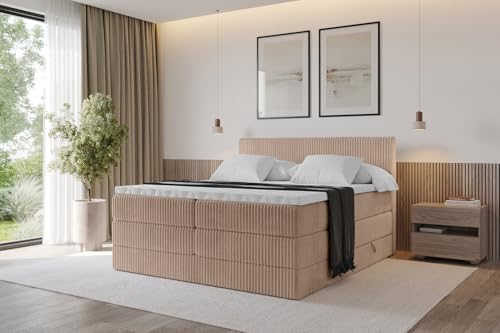 ALTDECOR Boxspringbett mit Matratze und Lattenrost, Topper, Polsterbett mit Bettkasten, Bett mit Stauraum H3- und H4- Matratze, Doppelbett, Springboxbett - TOLO King 200x200 Cord - Beige von ALTDECOR