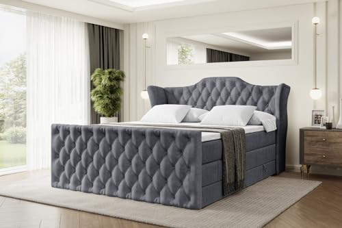 ALTDECOR Boxspringbett mit Matratze und Lattenrost, Topper, Fußteil,Polsterbett mit Bettkasten, Bett mit Stauraum H3- und H4- Matratze, Doppelbett - Vila-Z King - 200x200 - Dunkelgrau Samt von ALTDECOR