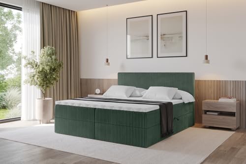 ALTDECOR Boxspringbett mit Matratze und Lattenrost, Topper, Polsterbett mit Bettkasten, Bett mit Stauraum H4-Matratze, Doppelbett, Boxbett - TOLO 160x200 Cord - Dunkelgrün von ALTDECOR