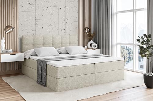 ALTDECOR Boxspringbett mit Matratze und Lattenrost, Boxbett, Topper, Polsterbett mit Bettkasten, Bett mit Stauraum H4-Matratze, Doppelbett, Springboxbett - Marce - 160x200 - Beige von ALTDECOR