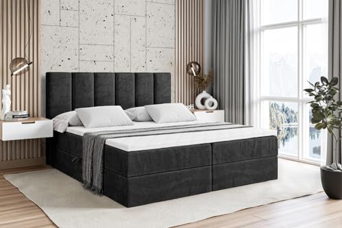 ALTDECOR Boxspringbett mit Matratze und Lattenrost, Boxbett, Topper, Polsterbett mit Bettkasten, Bett mit Stauraum H4-Matratze, Doppelbett, Springboxbett - BOXI1-200x200 - Schwarz Samt von ALTDECOR
